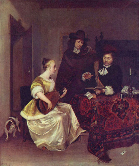 Young Woman, Two Men Playing the Lute. 