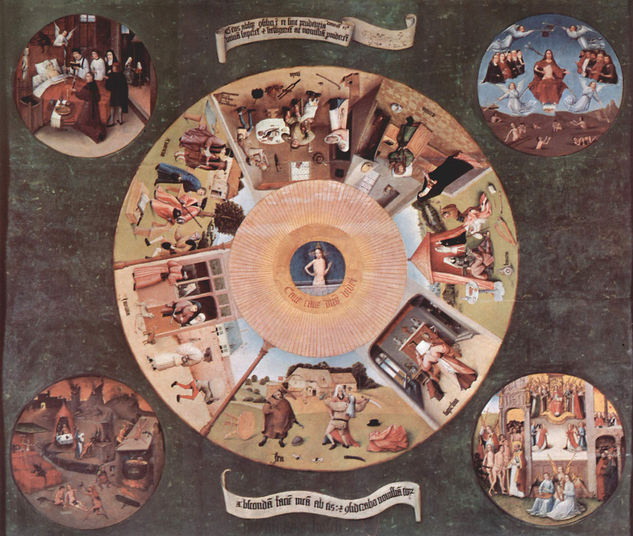 Table with the Scenes of the Seven Deadly Sins and the Four Last Things (Deathbed, Last Judgment, Heaven, and Hell) 