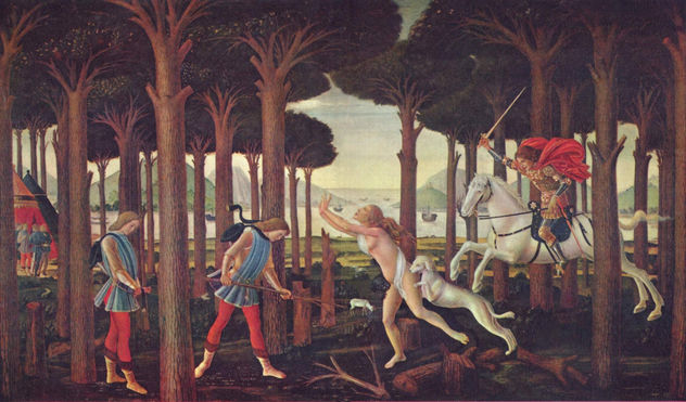 Serie de cuatro cuadros inspirados en el "Decamerón" de Boccaccio, "banquete de Nastagio degli Onesti", escena