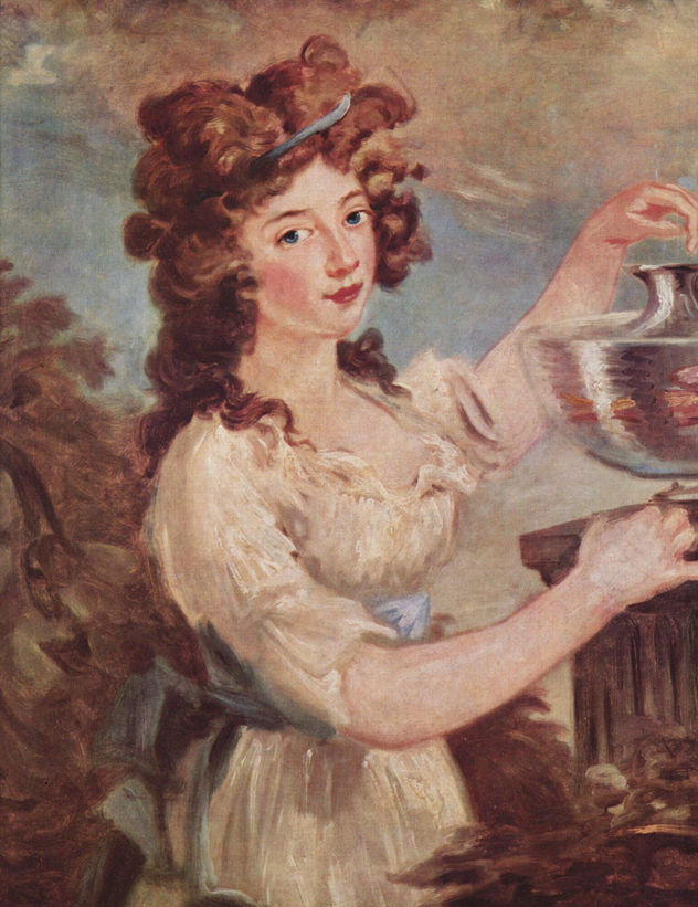 Retrato de una joven dama con peces de colores.