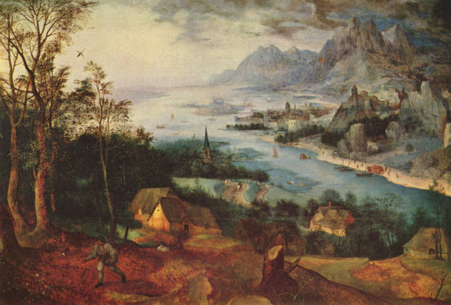 Paisaje fluvial con un campesino sembrando