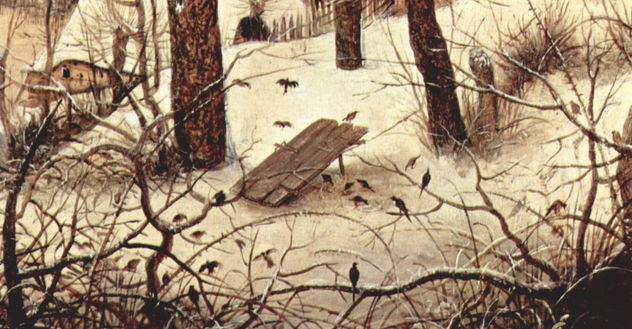 Winter Landscape with Skaters and Bird Trap, Detail