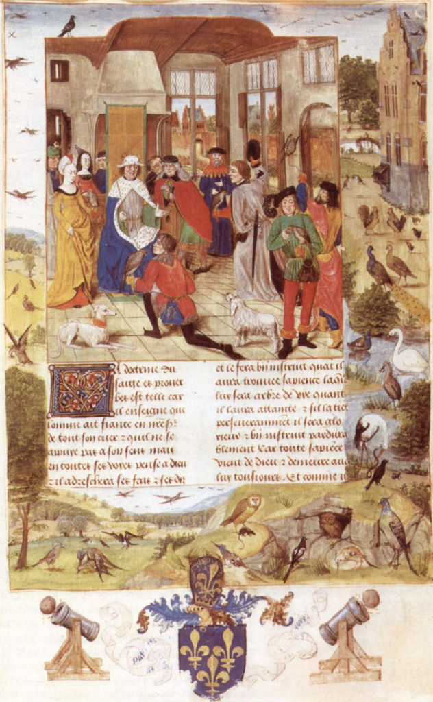 El libro del arte de la cetrería del emperador Federico II, frontispicio, escena.
