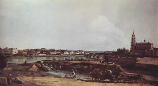 Ansicht von Dresden vom linken Elbufer, Die Bastion Sol mit Augustusbrücke und der Hofkirche