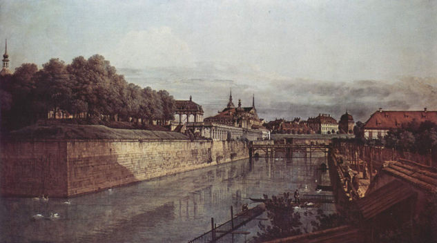 View of Dresden, the old moat of the Zwinger, seen from the orangery towards the city. 