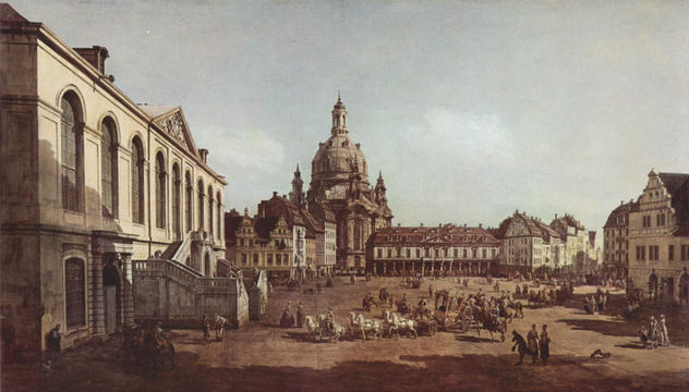 Vista de Dresde, El Neumarkt en Dresde desde el Cementerio Judío, con la Iglesia de Nuestra Señora y la Antigua Guardia de la Ciudad.
