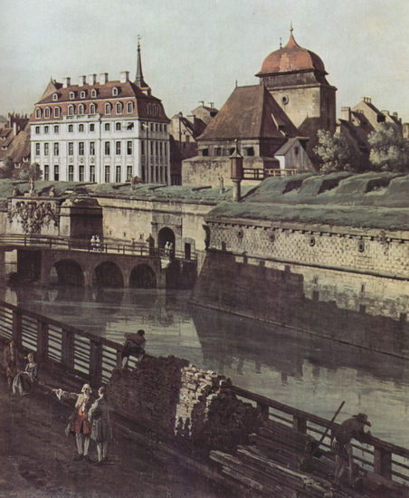 Vista de Dresde, Las obras de fortificación en Dresde, Foso de la fortaleza con puente entre la Puerta Wilschen y la Columna de la Posta, Detalle 