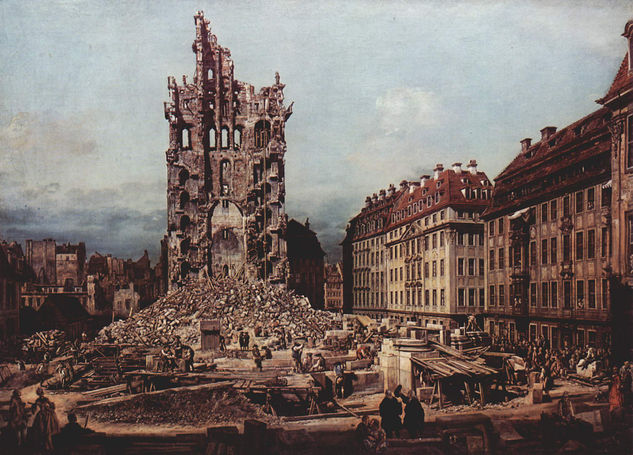 Ansicht von Dresden, Die Ruine der Kreuzkirche, von Osten aus gesehen 