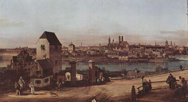 View of Munich, The Bridge Gate and the Isar, Munich seen from Heidhausen