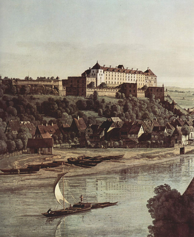 Ansicht von Pirna, Pirna desde los viñedos de Prosta, con la fortaleza Sonnenstein, detalle.