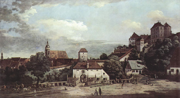 Vista de Pirna, Pirna vista desde el lado sur, con las fortificaciones y la puerta superior (puerta de la ciudad) así como la fortaleza Sonnenstein.