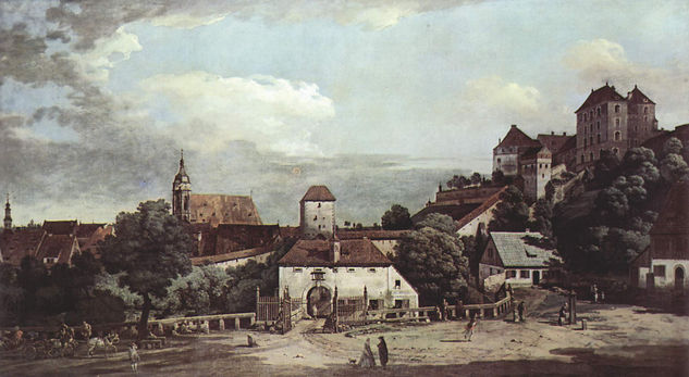 View of Pirna, Pirna seen from the south side, with the fortifications and the upper gate (city gate) as well as the Sonnenstein fortress. 