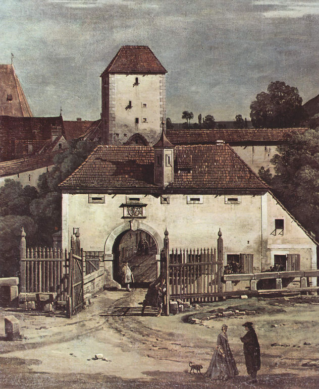 Vista de Pirna, Pirna vista desde el lado sur, con las fortificaciones y la puerta superior (puerta de la ciudad) así como la fortaleza Sonnenstein, detalle.