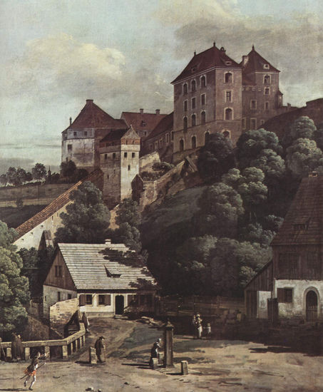 View of Pirna, Pirna seen from the south side, with the fortifications and the upper gate (city gate) as well as the Sonnenstein fortress, detail. 