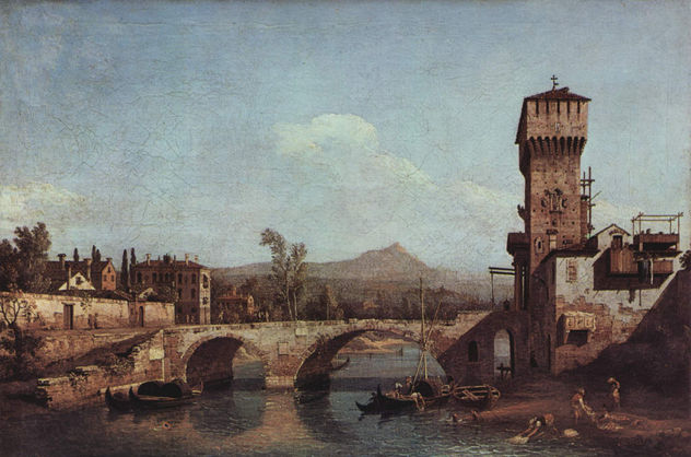 Capriccio Veneto, río, puente y puerta de la ciudad medieval