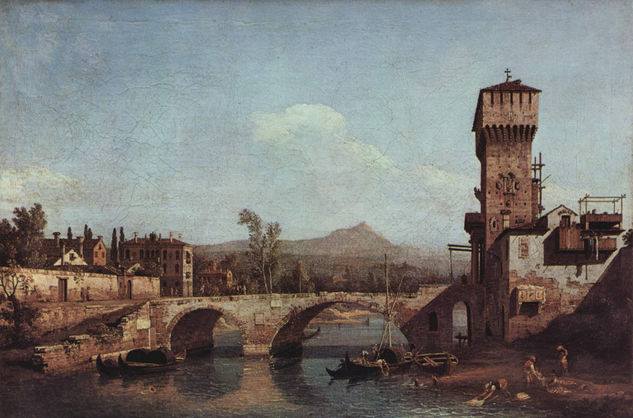 Venetian Caprice, river, bridge, and gate of the medieval city 