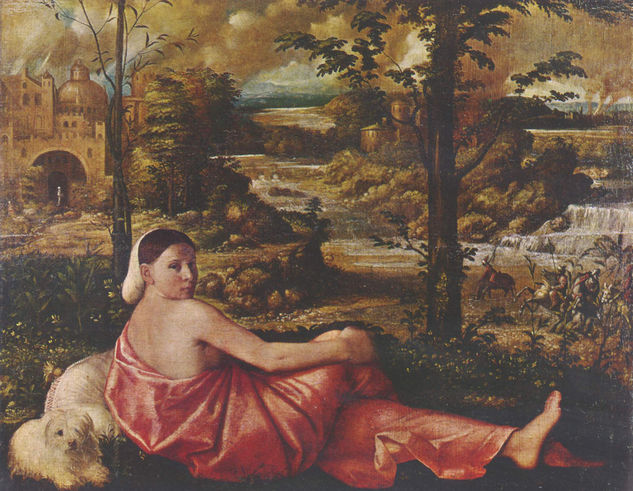 Woman resting with a white dog in a landscape 