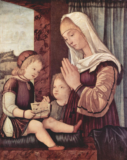 María y Juan el Bautista adoran al Niño Jesús. 