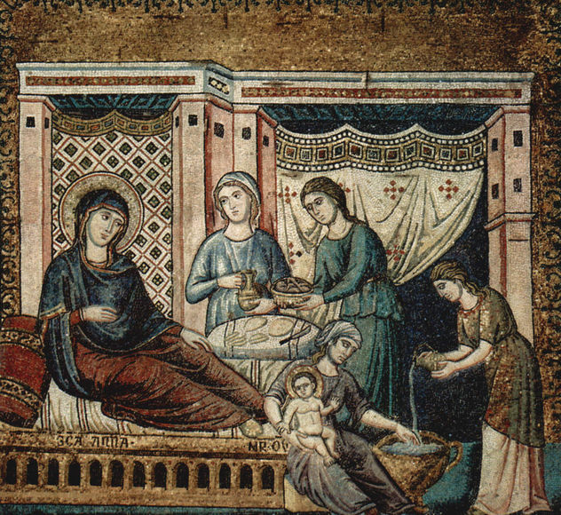 Mosaicos con ciclo de 6 escenas sobre la vida de María en la ábside de Santa María en Trastevere en Roma, escena