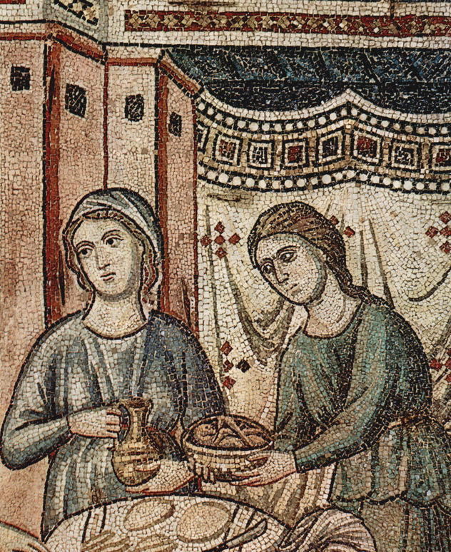 Mosaicos con ciclo de 6 escenas sobre la vida de María en la ábside de Santa María en Trastevere en Roma, escena