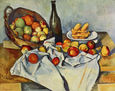 Bodegón con botella y cesto de manzanas