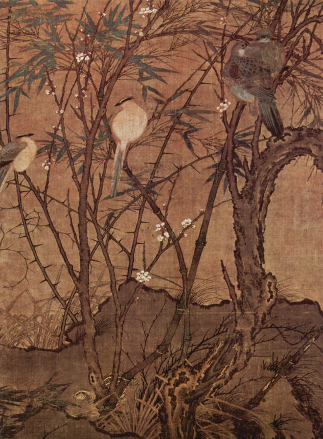 Aves en un matorral de bambú y ciruelo