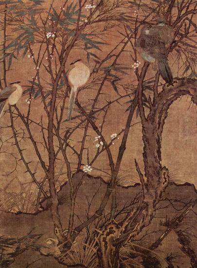 Aves en un matorral de bambú y ciruelo 