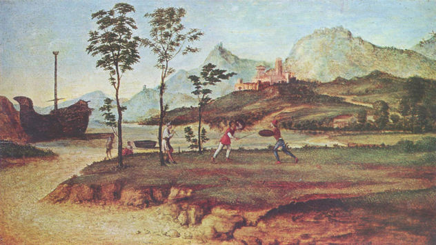 Paisaje costero con dos hombres luchando