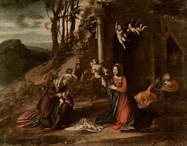 El nacimiento de Cristo, con Santa Elisabet y San Juan Baptista y José durmiendo 