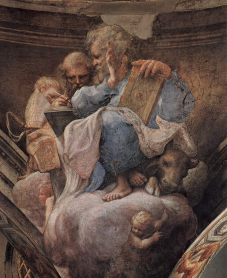 Frescos en la iglésia de San Giovanni Evangelista en Parma, muro frontal de la bóveda, escena 