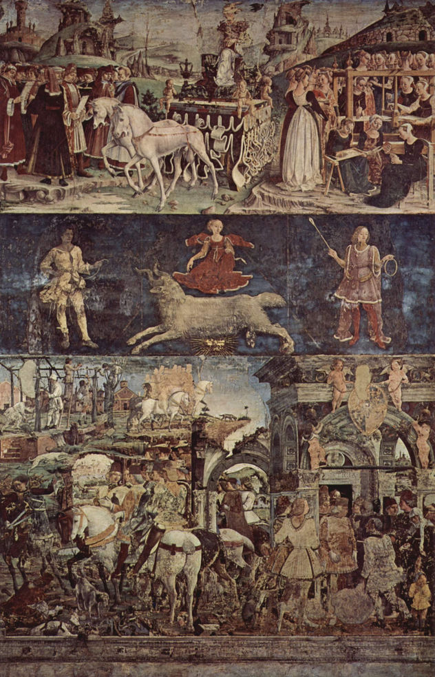 Frescos con las representaciones de los meses de marzo, abril, mayo en el Palazzo Schifanoia, escena.