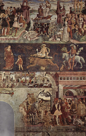 Frescos with the representations of the months of March, April, May in the Palazzo Schifanoia, scene. 