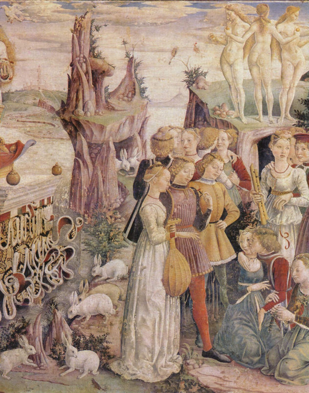 Frescos con las representaciones de los meses de marzo, abril, mayo en el Palazzo Schifanoia, escena.