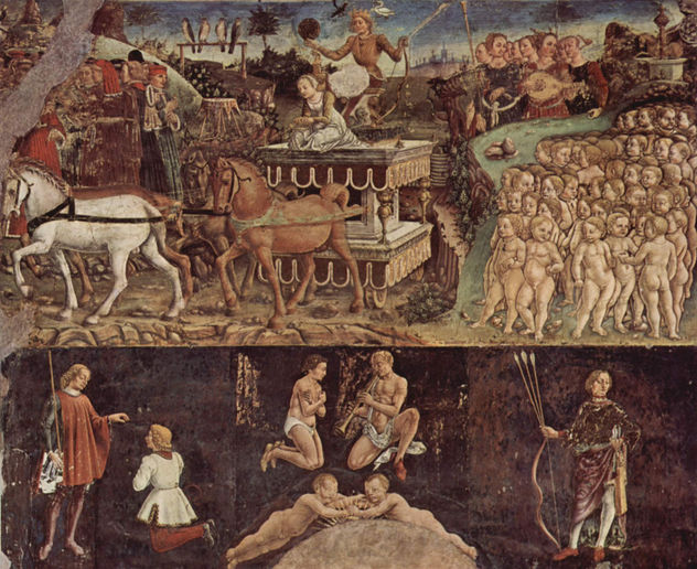 Frescos con las representaciones de los meses de marzo, abril, mayo en el Palazzo Schifanoia, escena.