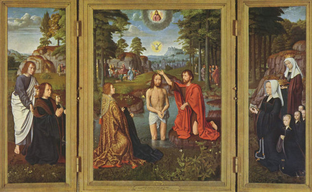 La Bautismo de Cristo, con fundadores y sus santos patronos (Altar de Jean des Trompes)