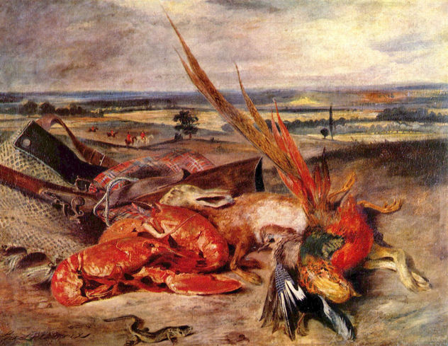 Naturaleza muerta con bogavante y trofeos de caza y pesca