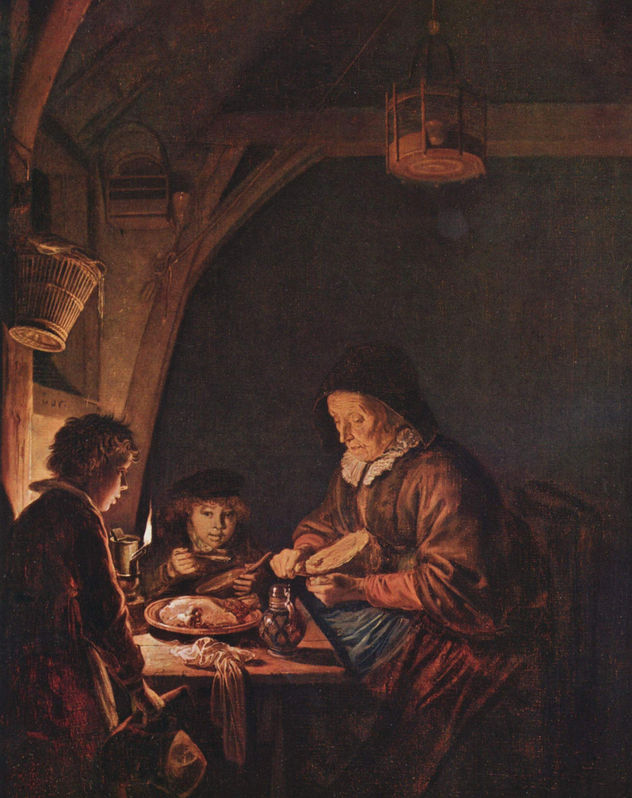 Brotschneidende alte Frau