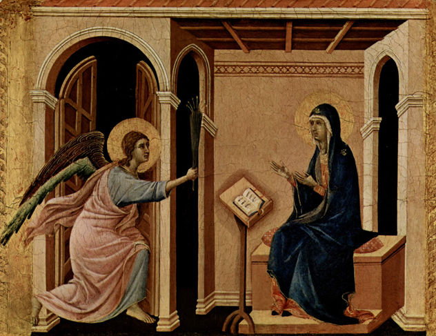Maestà, Retablo del Duomo de Siena, lado frontal, coronación del altar con escenas sobre la muerte de María, escena