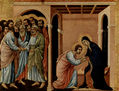 Maestà, Retablo del Duomo de Siena, lado frontal, coronación del altar con escenas sobre la muerte de María, escena