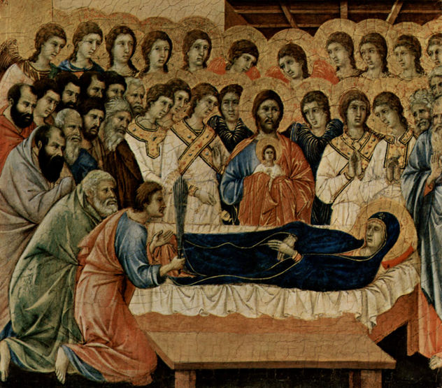 Maestà, Retablo del Duomo de Siena, lado frontal, coronación del altar con escenas sobre la muerte de María, escena