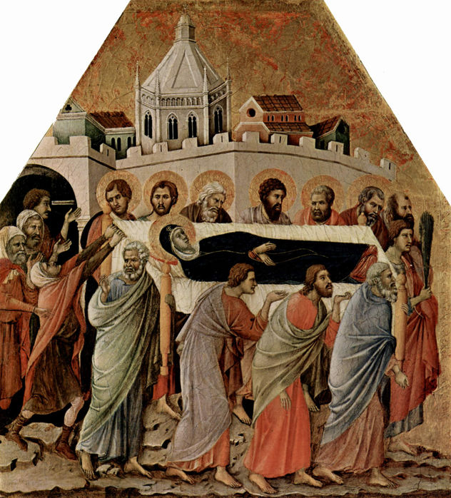 Maestà, Retablo del Duomo de Siena, lado frontal, coronación del altar con escenas sobre la muerte de María, escena