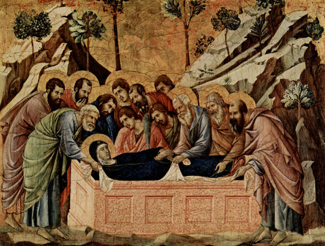 Maestà, Retablo del Duomo de Siena, lado frontal, coronación del altar con escenas sobre la muerte de María, escena