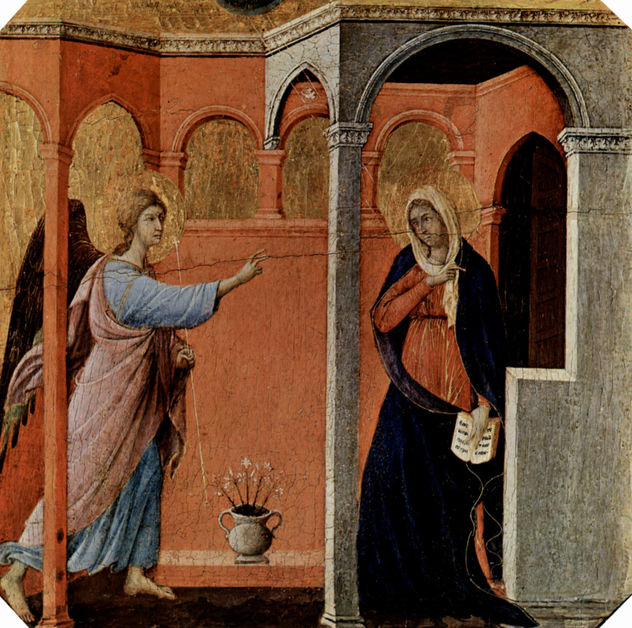 Maestà, altar de la catedral de Siena, lado frontal, predela con escenas de la infancia de Jesús y profetas, escena