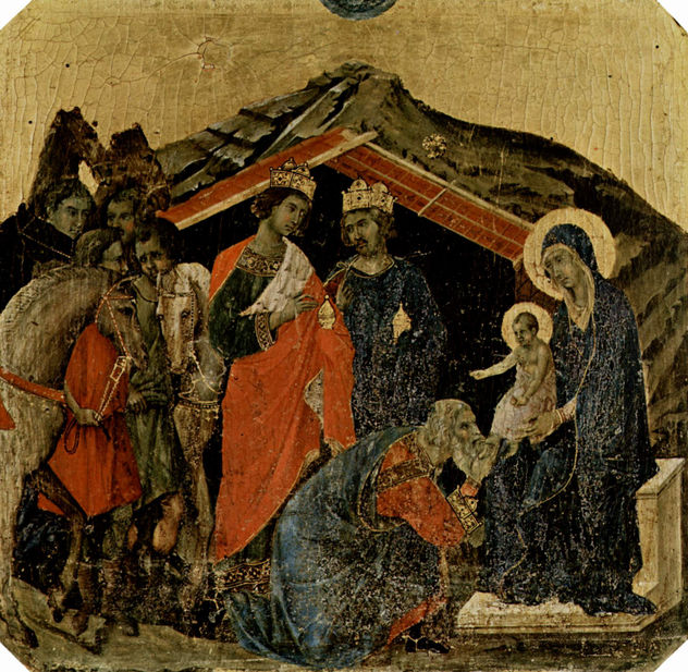 Maestà, altar de la catedral de Siena, lado frontal, predela con escenas de la infancia de Jesús y profetas, escena.