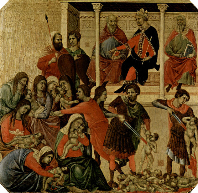 Maestà, altar de la catedral de Siena, lado frontal, predela con escenas de la infancia de Jesús y profetas, escena.