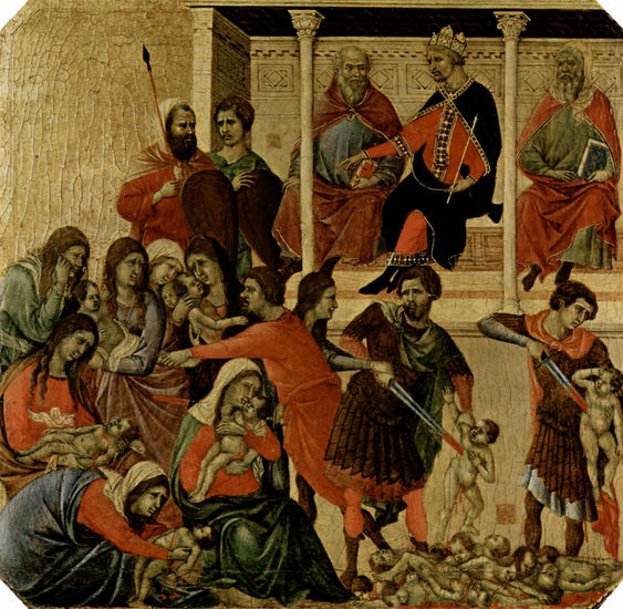 Maestà, altar de la catedral de Siena, lado frontal, predela con escenas de la infancia de Jesús y profetas, escena. 