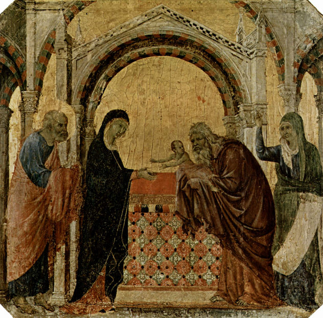 Maestà, altar mayor de la catedral de Siena, lado frontal, predela con escenas de la infancia de Jesús y profetas, escena.