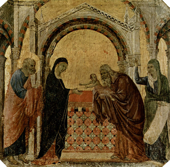 Maestà, altar mayor de la catedral de Siena, lado frontal, predela con escenas de la infancia de Jesús y profetas, escena. 