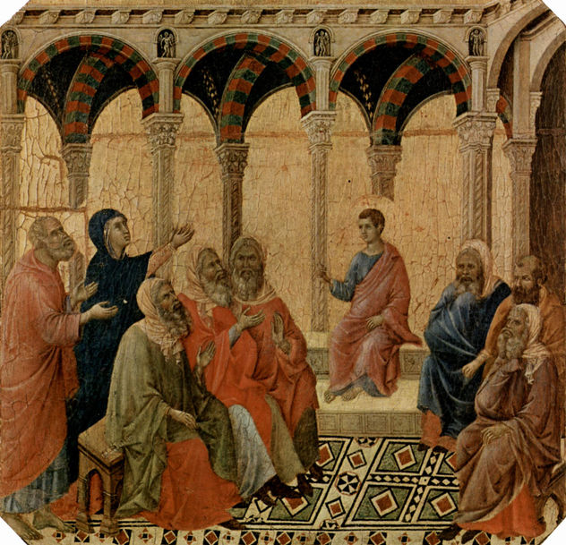 Maestà, altar mayor de la catedral de Siena, lado frontal, predela con escenas de la infancia de Jesús y profetas, escena.