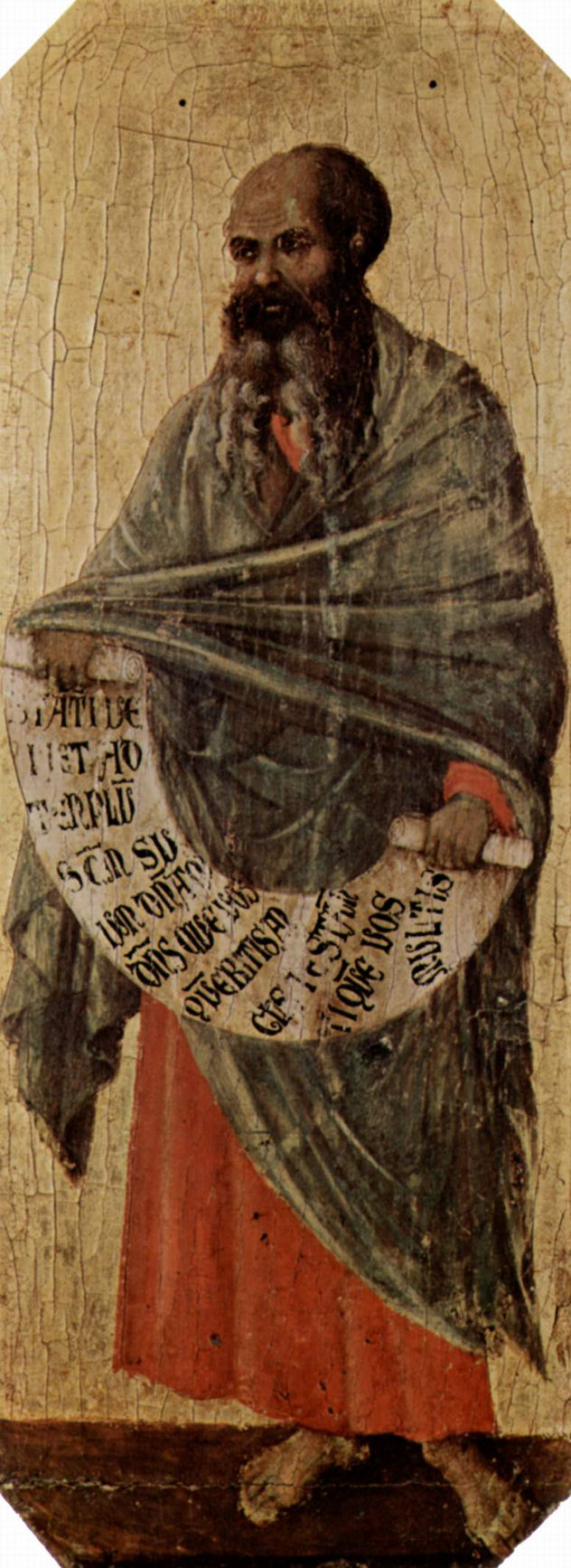 Maestà, altar retablo de la catedral de Siena, lado frontal, predela con escenas de la infancia de Jesús y profetas, escena.